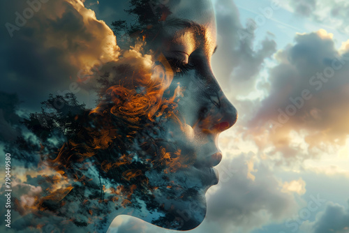Woman's Profile Merged with Sky, Surreal Fusion of Human and Nature #790449580