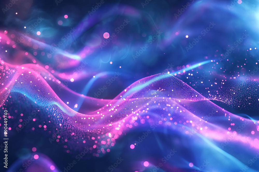 Ethereal abstract waves of blue and pink light with sparkling particles