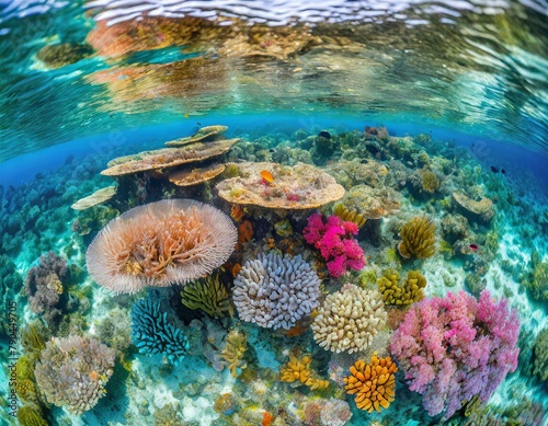 Top view, A mosaic of colorful coral reefs beneath the crystal-clear waters of a tropical ocean, teeming with a kaleidoscope of marine life and vibrant underwater ecosystems.
