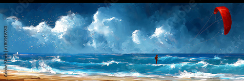 background of a person practicing kitesurfing on a stormy day of a summer day