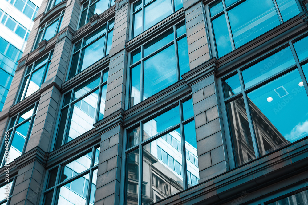 Modern glass office buildings with geometric patterns, urban architecture Modern glass office buildings with geometric patterns, urban architecture