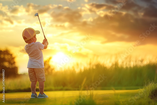 Little boy playing golf during sunset, aspiring young golfer on course, kids golf photo