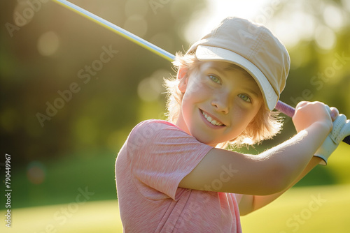 Young girl practicing golf swing on sunny course, junior golfer in training, kids golf