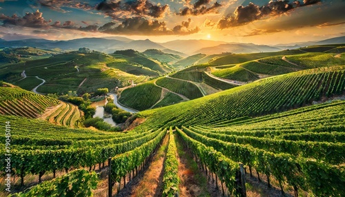 Top view  A patchwork of vineyards sprawling across rolling hillsides  their neatly ordered rows of grapevines forming geometric patterns against the backdrop of picturesque countryside.