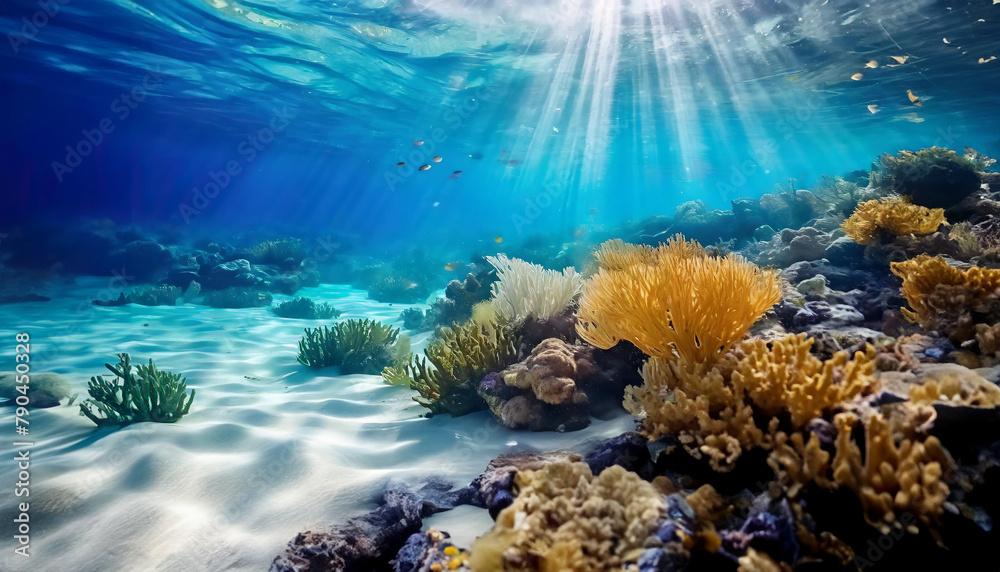 Naklejka premium Vibrant underwater scene with colorful corals and sunlight piercing through the water