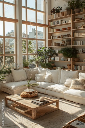 This is a photo of a simple and cozy wooden floor living room interior with a large window, white cushions, and a white sofa with plenty of natural light.
