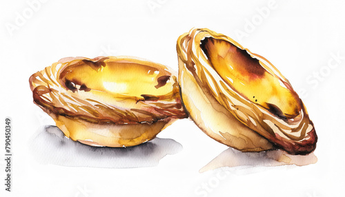 Watercolor of "Pasteisde nata", typical pastry from Lisbon - Portugal, isolated on white background, showcasing artistic skill and deliciousness