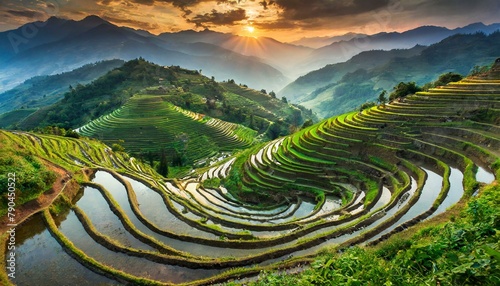Top view, A series of terraced rice paddies cascading down the slopes of a mountain valley, their verdant tiers creating a breathtaking tapestry of agricultural beauty.