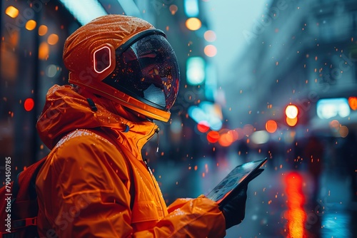 A person in helmet and goggles looks at tablet during night street event