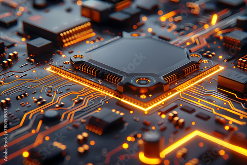 A close-up shot of an orange electroluminescent electronic board containing a large electronic chipset. photo