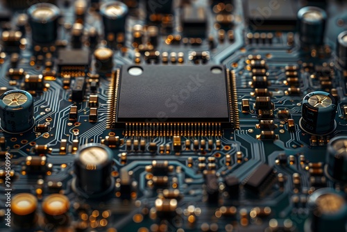 A close-up shot of an orange electroluminescent electronic board containing a large electronic chipset. photo