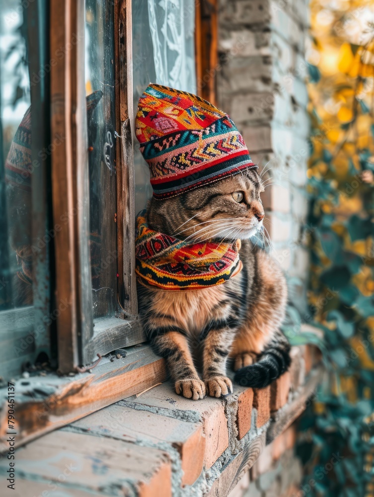 cute Cat Adorned in Cozy Scarf and Jacket, Posing with Elegance cooking and dancing cat with outfit