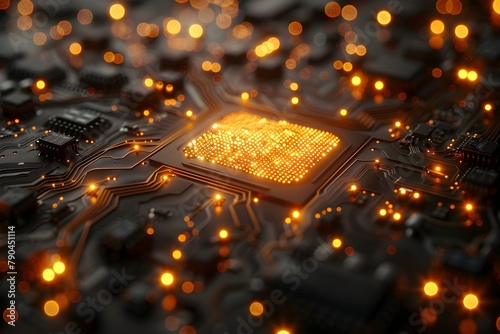 A close-up shot of an orange electroluminescent electronic board containing a large electronic chipset. photo