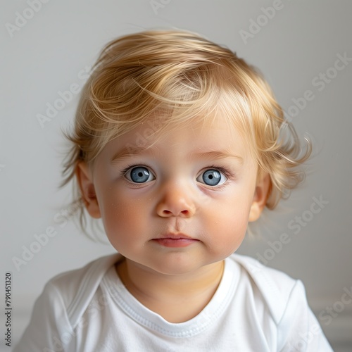 Captivating Portrait of a Scandinavian Baby Boy with Wavy Blonde Hair and Blue Eyes
