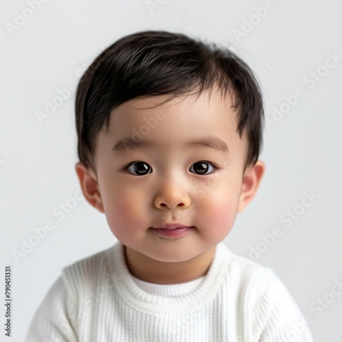 Portrait of a Cheerful Korean Baby Boy with Dark Hair and Almond Eyes