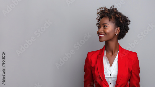 Bantu businesswoman wearing red formal suit, smile side view photo