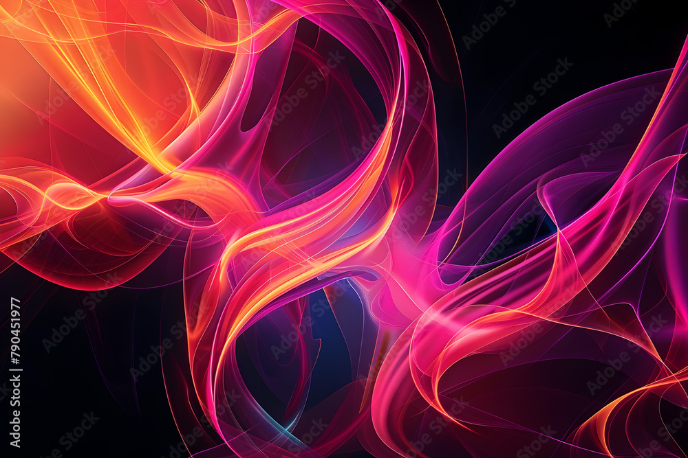 Vibrant neon abstract composition with pink and orange swirling patterns on black background.