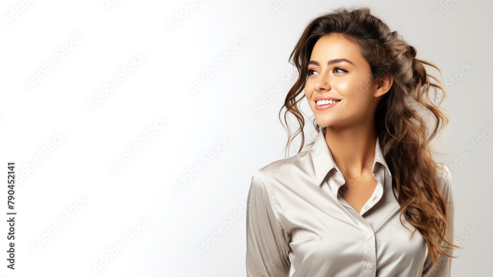 Indian business woman in white shirt smiling looking up towards copy space Indian business woman in white shirt smiling looking up towards copy space