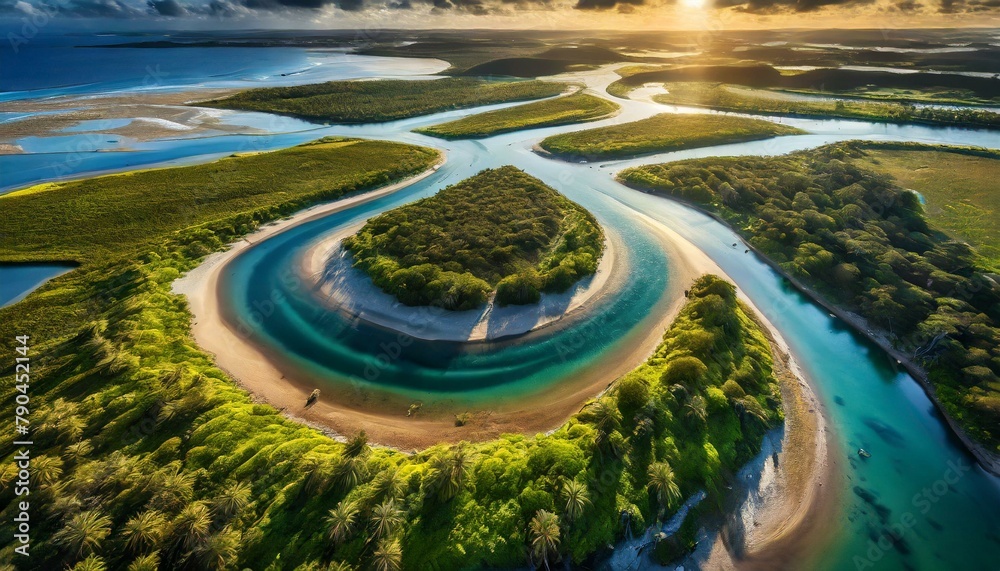 Top View A Serene Coastal Estuary Where The Meeting Of Freshwater And 
