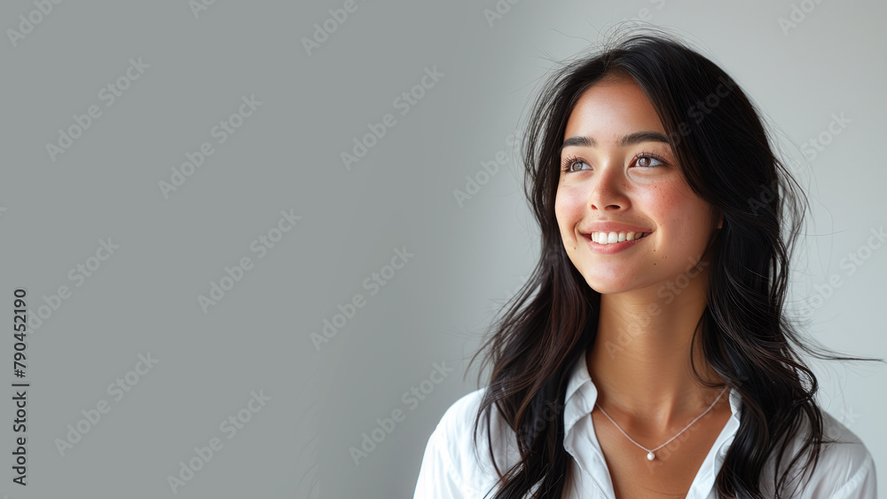 Malay business woman in white shirt smiling looking up towards copy space Malay business woman in white shirt smiling looking up towards copy space