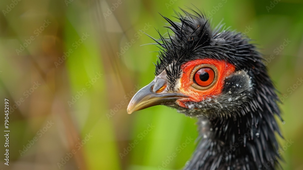 Bird with vivid crimson eye and dark plumage Bird with vivid crimson eye and dark plumage