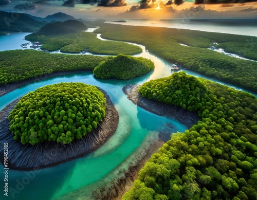 Top view, A sprawling mangrove forest lining the edge of a tropical coastline, its tangled roots forming a labyrinth of channels and sheltering a wealth of marine life.