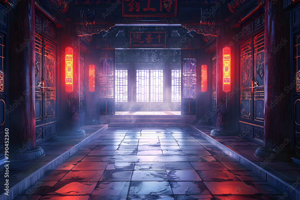 Interior view of a dark building with red lighting, ancient oriental concept with bright windows