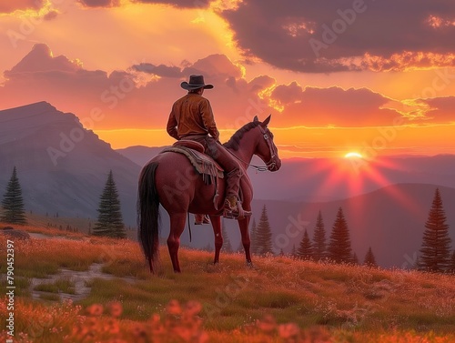 A man is riding a horse in a field with a sunset in the background