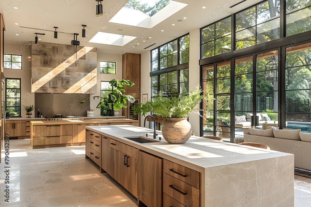 Luxury kitchen interior with large windows overlooking beautiful trees ...