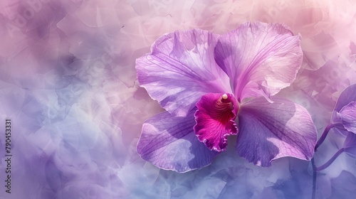Ethereal watercolor of delicate light purple orchid with intricate petals and vibrant center