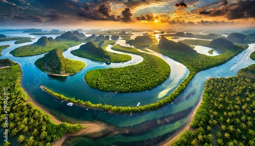 Top view, A tranquil river delta where freshwater meets the brackish waters of the sea, creating a mosaic of channels and islands teeming with wildlife. photo