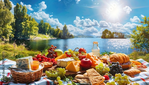 Capture a sumptuous, vibrant picnic spread overlooking a sparkling lake using acrylic paints Showcase a variety of fruits, cheeses, and pastries under a sunny sky,
