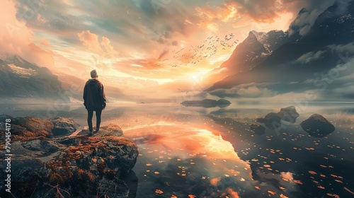 A person stands on a rocky shore, gazing out over a serene lake reflecting the warm colors of a sunset. The background features majestic mountains with their peaks partially obscured by clouds. A floc