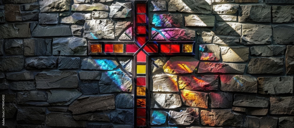 A cross on a stone wall with a colorful light
