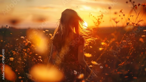 A young woman stands in an open field at sunset  surrounded by wildflowers. Her hair is loose and caught up in the wind  obscuring her face and creating a dynamic texture against the warm backlighting