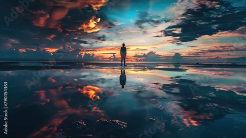 The image captures the serene scene of a sunset at the beach. The sky is adorned with a dramatic arrangement of clouds reflecting the warm colors of the sunset, in shades of orange, pink, and blue. Th