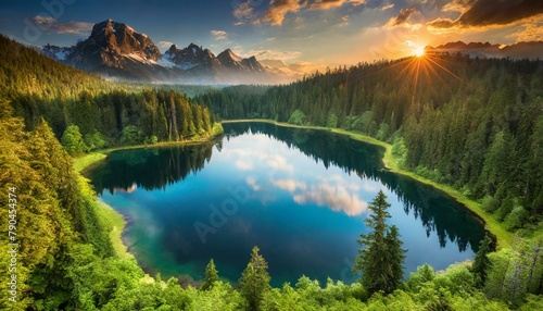 Top view  A serene lake nestled in the heart of a dense forest  its glassy surface reflecting the surrounding greenery and clear blue sky.