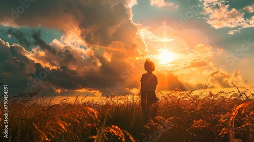 The image features a silhouette of a person standing in a field of tall grass, gazing towards a dramatic sunset. The sunset casts a warm golden light across the scene, with rays of sunlight peeking th