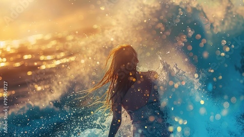 A person with long hair, possibly a woman, is captured from behind amidst a vibrant splash of ocean water. The sun is setting, casting a golden hue over the scene. The ocean's spray around the figure  © Jesse