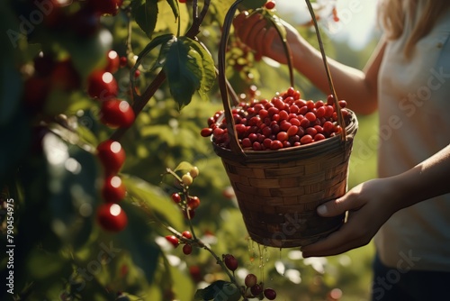 woman is picking cherries from a tree
