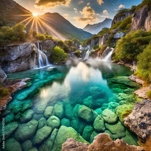 Top view  A series of natural hot springs nestled within a rocky gorge  their steaming waters creating a warm oasis amidst the rugged terrain.