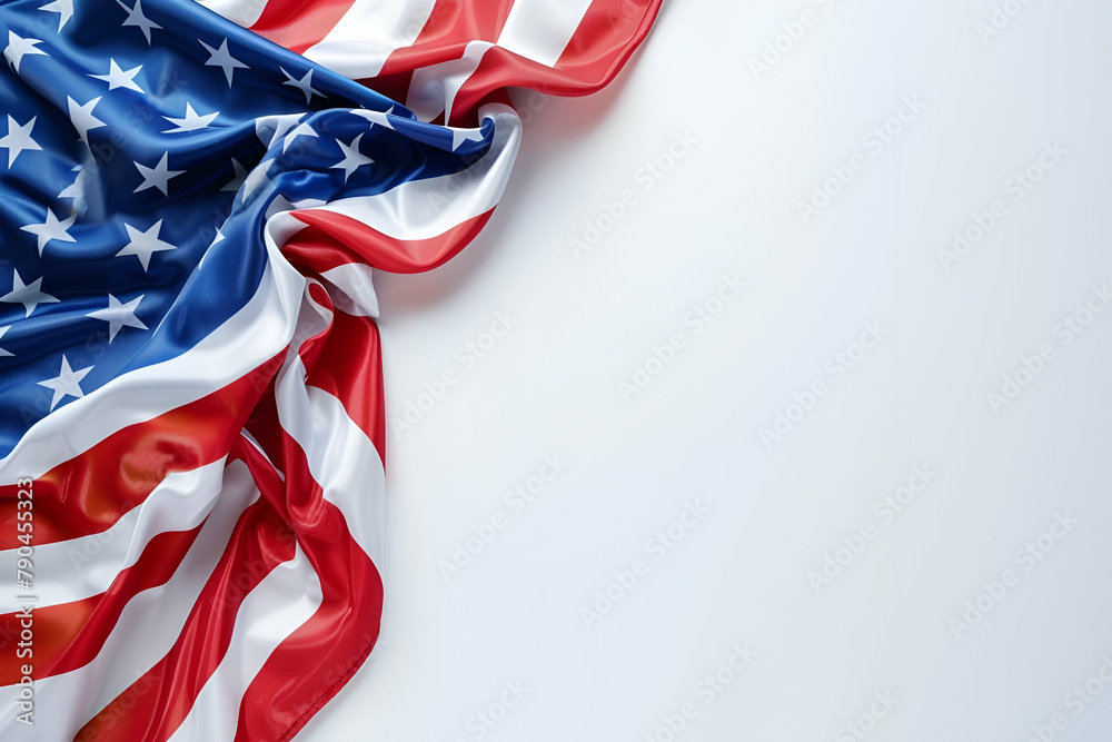 American flag draping a light surface, symbol of national pride and freedom, classic patriotic background for the July 4th celebration, for promotional banners, advertising, textile prints, copy space American flag draping a light surface, symbol of national pride and freedom, classic patriotic background for the July 4th celebration, for promotional banners, advertising, textile prints, copy space