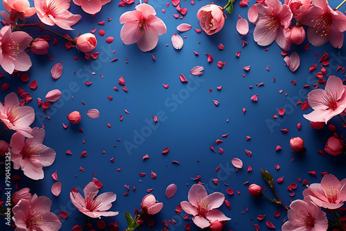 Sakura on blue background, subtle allusion to American-Japanese relations, spring wind of freedom, colorful and vibrant layout for Independence Day articles, for print, wallpaper designs, copy space photo