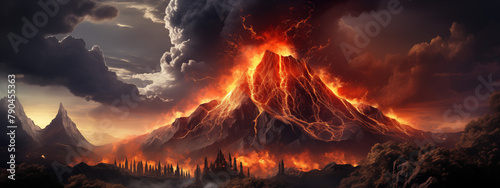 Epic Volcanic Eruption Landscape at Sunset with Ash Clouds photo