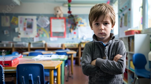 A child in the corner of a classroom, separated from his peers, looking sad and excluded photo
