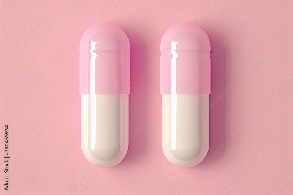 AI generated illustration of a two pills top view on light pink background AI generated illustration of a two pills top view on light pink background