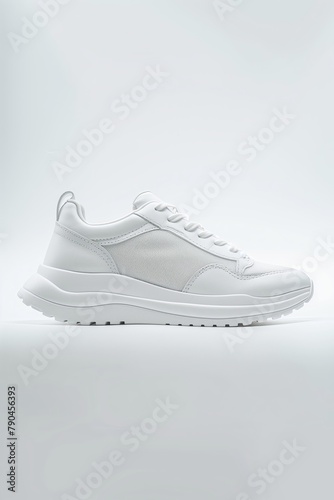 Popular white sneakers on a white background. Subject photography of floating shoes. Angular geometric shapes on the background. Minimalist design. Good ventilation inside the shoe.