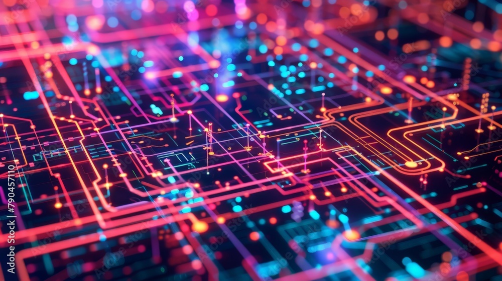 A vibrant display of interconnected digital circuits, symbolizing the Internet of Things (IoT) A vibrant display of interconnected digital circuits, symbolizing the Internet of Things (IoT)