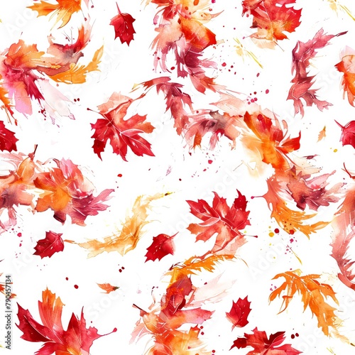 Autumn leaves in shades of red  orange  and yellow swirl across a white background in watercolors  capturing the fleeting beauty of change. seamless  tile