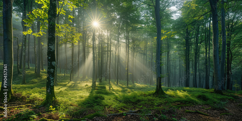 Obraz premium Natural green beech forest in the morning light, the sun shines through the morning mist